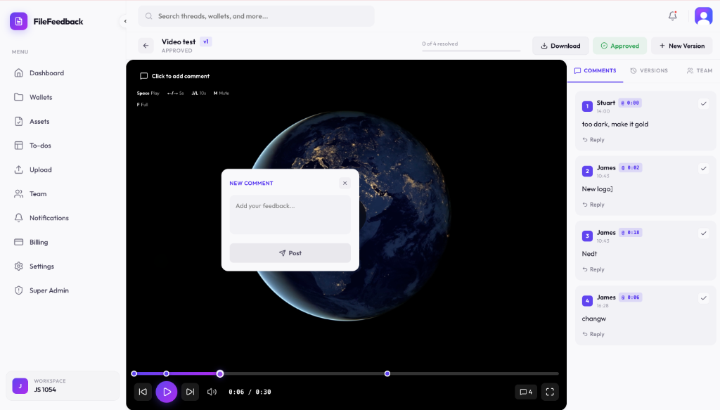 FileFeedback review interface showing timestamped comments on a video